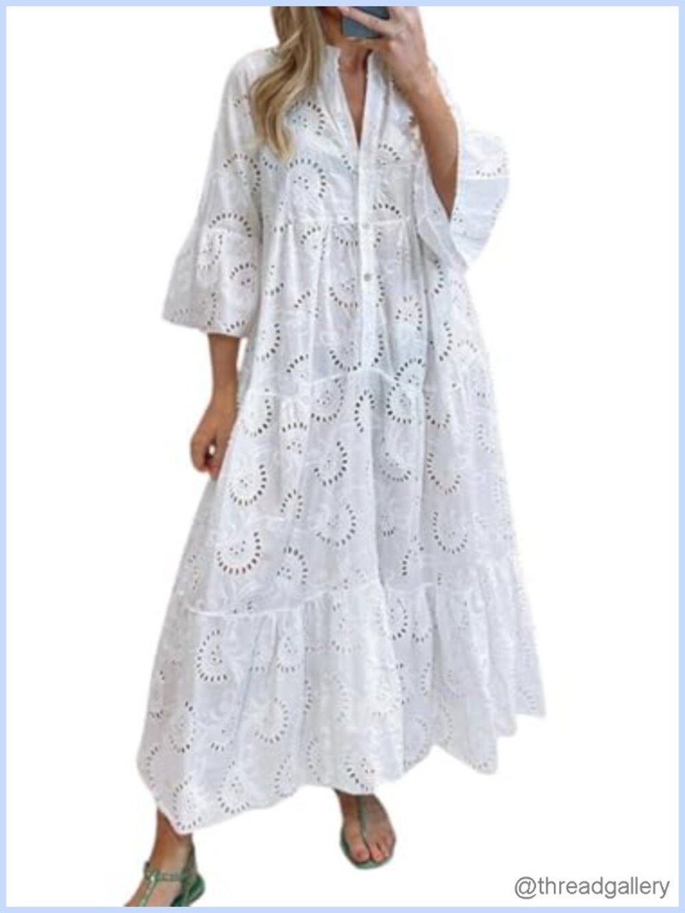 Lace Eyelet Embroidery Maxi Dress V-Neck Trumpet Sleeve Flowy Swing